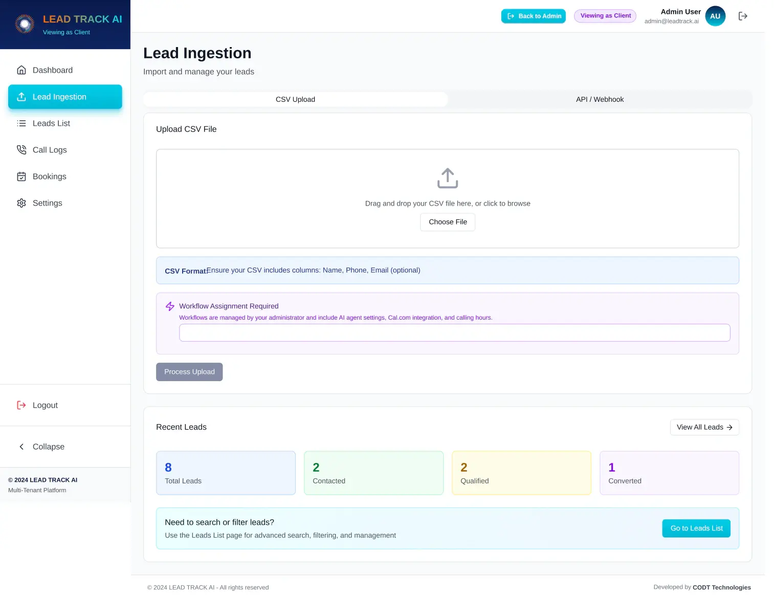 LeadTrack AI Lead-Import: Tabs für CSV-Upload oder API und Webhook, der Hinweis zum CSV-Format und die Zuweisung des Workflows