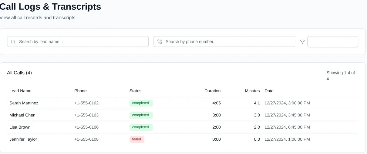 LeadTrack AI, registros de llamadas y transcripciones: una tabla de llamadas con nombre del lead, número de teléfono, estado, duración, minutos y fecha