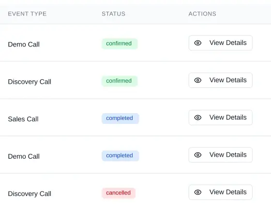 Lista de reservas de LeadTrack AI en un teléfono: tipo de evento, estado (confirmada, completada, cancelada) y una acción para ver los detalles de cada reserva