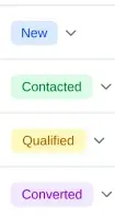 Opciones de estado del lead en LeadTrack AI: New, Contacted, Qualified, Converted