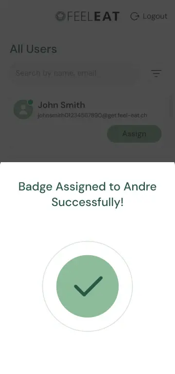 Conferma admin TapTime “Badge assigned to Andre successfully”, con una spunta verde