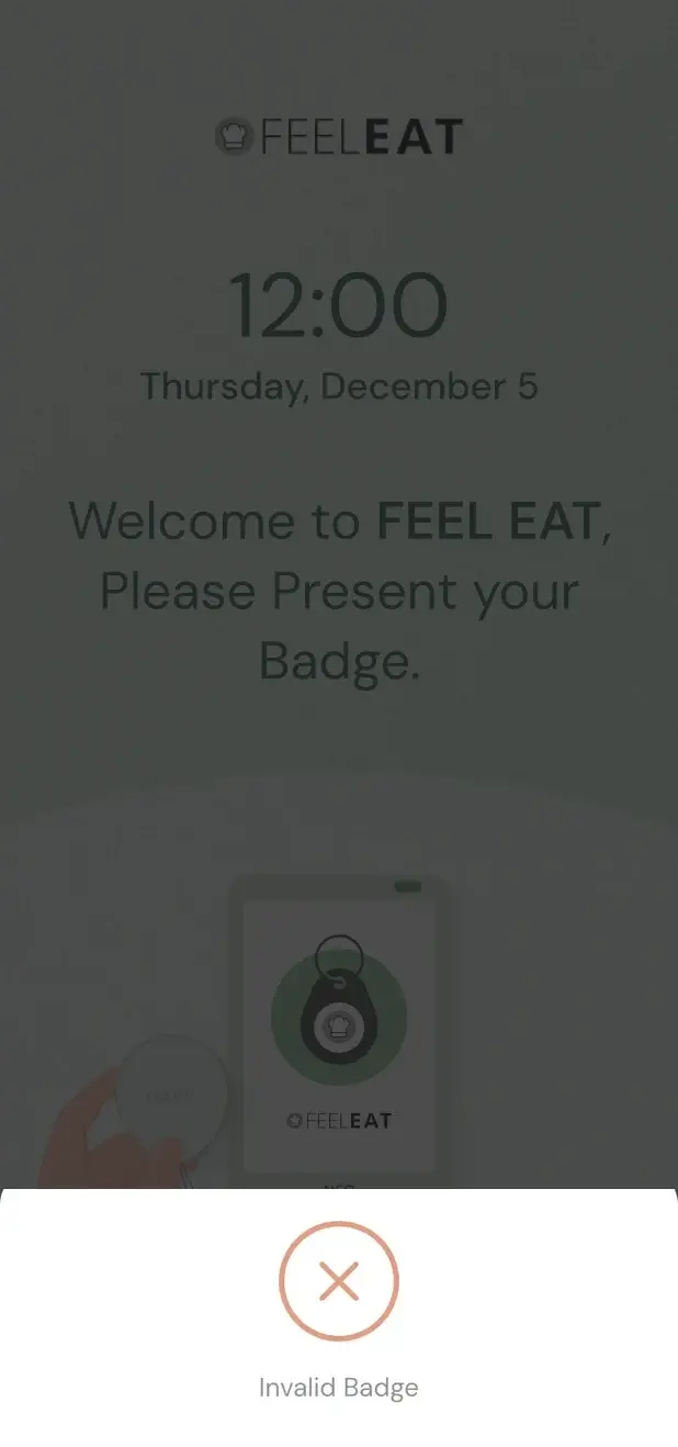 Chiosco TapTime dopo un badge sconosciuto: una croce rossa e il testo “Invalid badge”