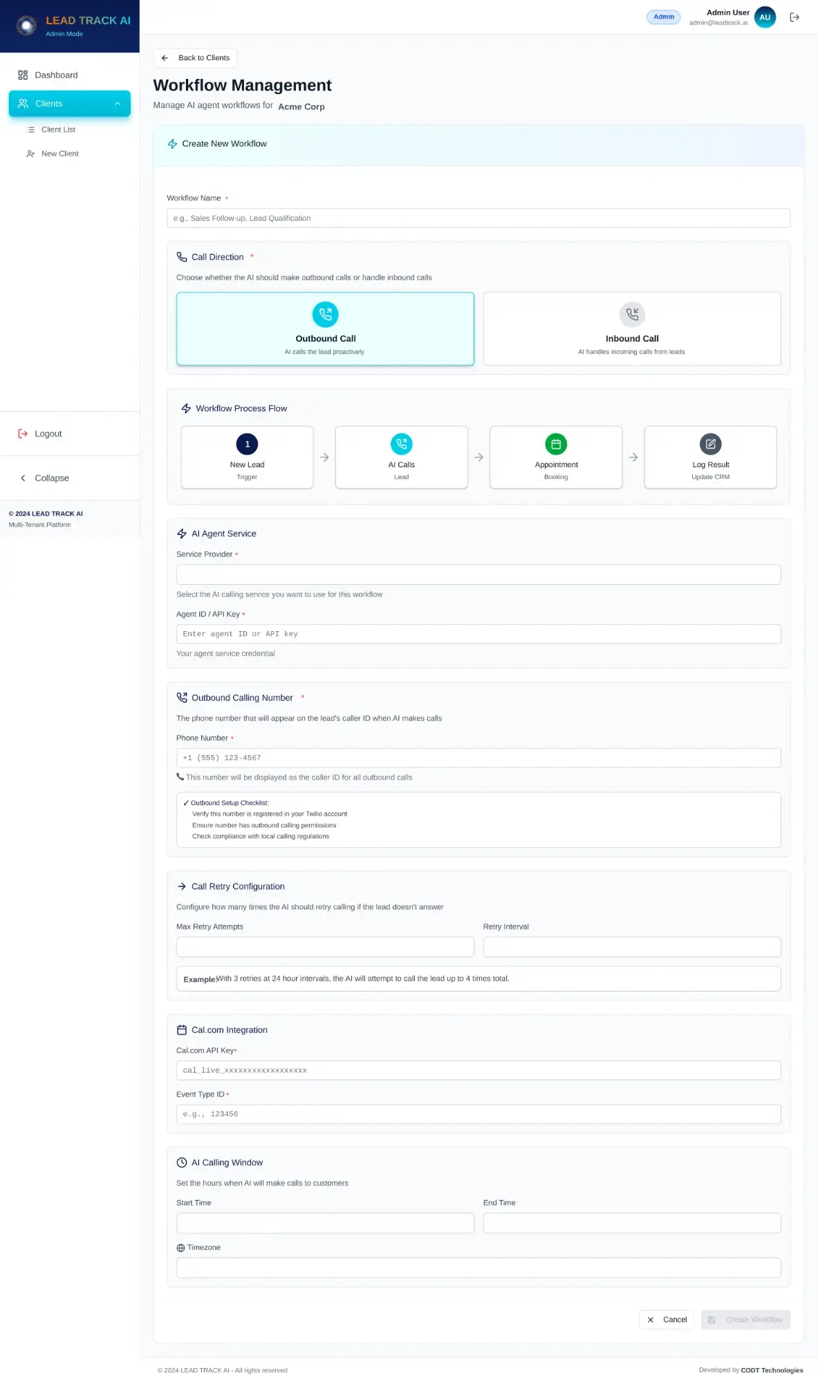 Formulario de flujo de LeadTrack AI completo: dirección de la llamada, recorrido del proceso, servicio del agente de IA, número de llamadas salientes con una lista de cumplimiento normativo, reintentos, Cal.com y la franja horaria de llamada de la IA