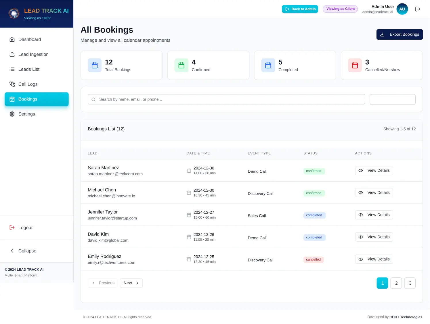 Pantalla de reservas de LeadTrack AI: totales de citas confirmadas, completadas y canceladas, y cada reserva con su fecha, duración, tipo de evento y estado