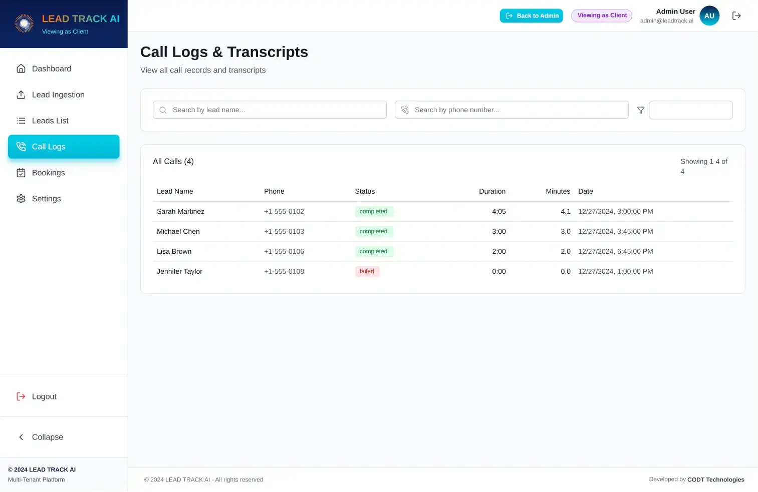 Registro de llamadas de LeadTrack AI: nombre del lead, teléfono, estado (completada o fallida), duración, minutos y fecha de cada llamada