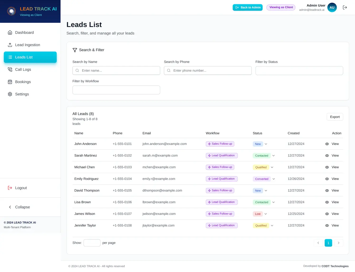 Lista de leads de LeadTrack AI: cada lead con teléfono, email, flujo, estado y fecha de creación
