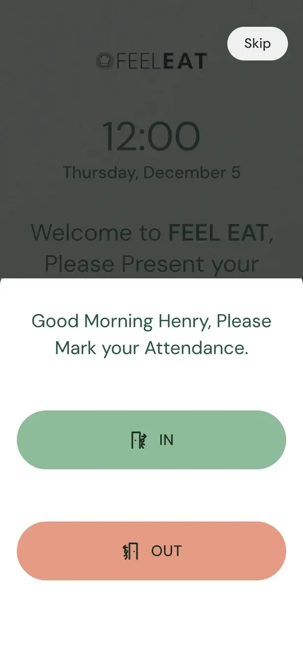TapTime kiosk sheet 'Good morning Henry, please mark your attendance', with a green IN button and an orange OUT button