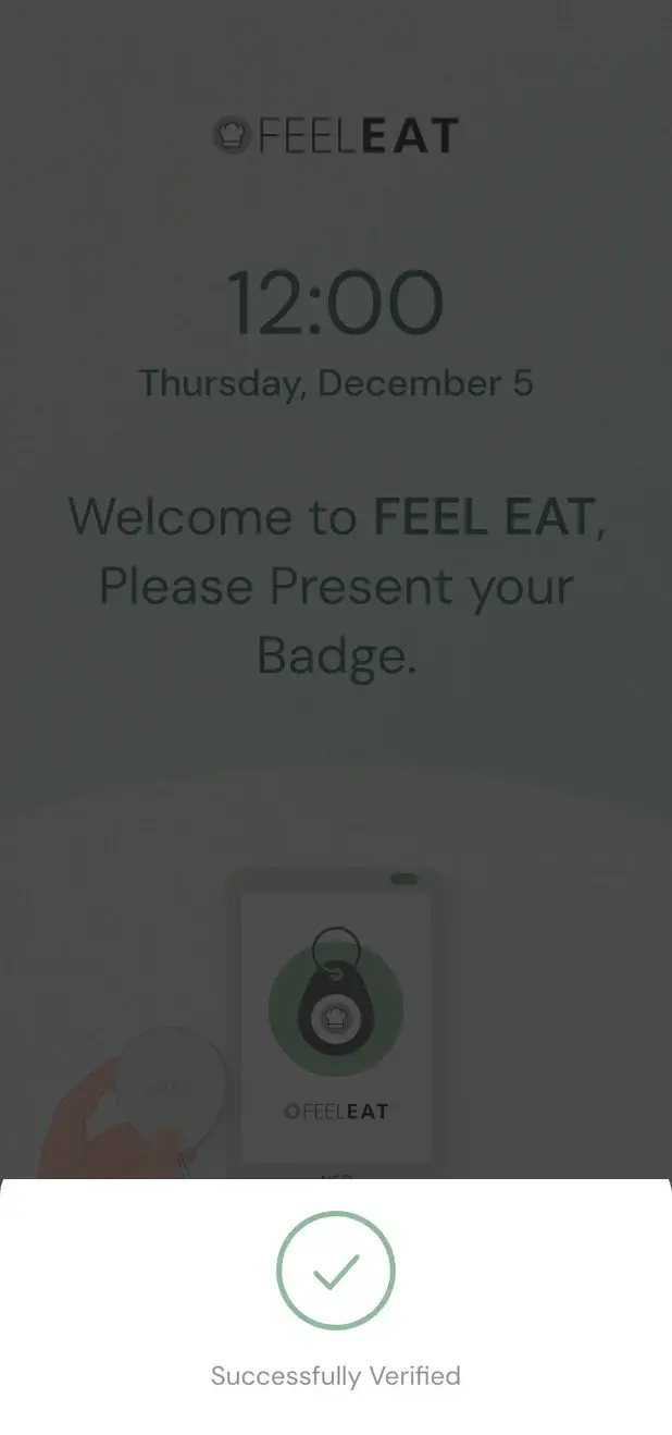 TapTime kiosk after a badge tap: a green tick and the text 'Successfully verified'