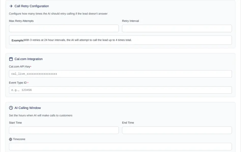 إعدادات سير العمل في LeadTrack AI: إعداد إعادة الاتصال مع الحد الأقصى للمحاولات والفاصل الزمني بينها، وتكامل Cal.com، ونافذة اتصال الذكاء الاصطناعي مع وقت البدء ووقت الانتهاء والمنطقة الزمنية