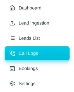القائمة الجانبية في LeadTrack AI: Dashboard وLead Ingestion وLeads List وCall Logs (محدد) وBookings وSettings